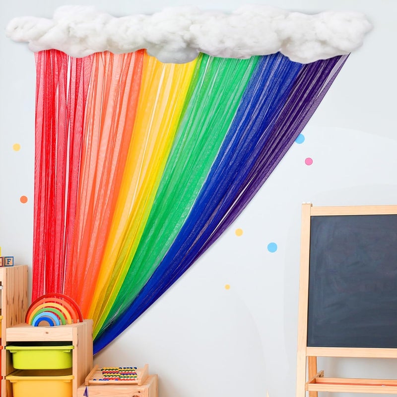 Threlaco 8 Pcs 20 x 91 Inch Rainbow Classroom Wall Decor Sheer Curtains with Clouds School Back to Classroom Preschool Decorations for First Day of School Wall Chalkboard Window Backdrop Props - Image 1